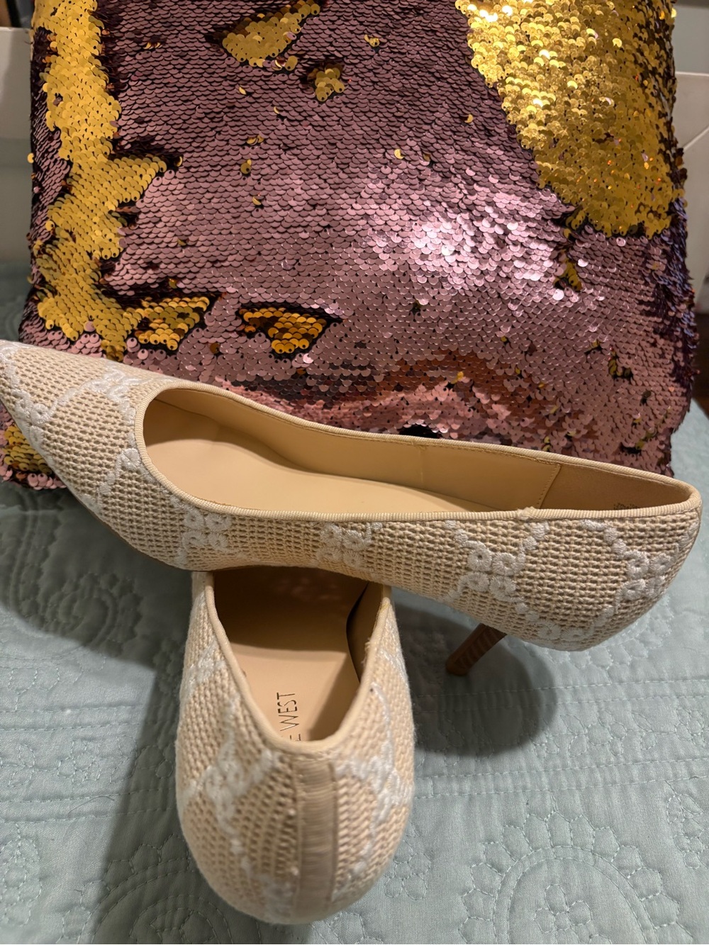 Nine West Beige Crochet Pointed-Toe Kitten Heels